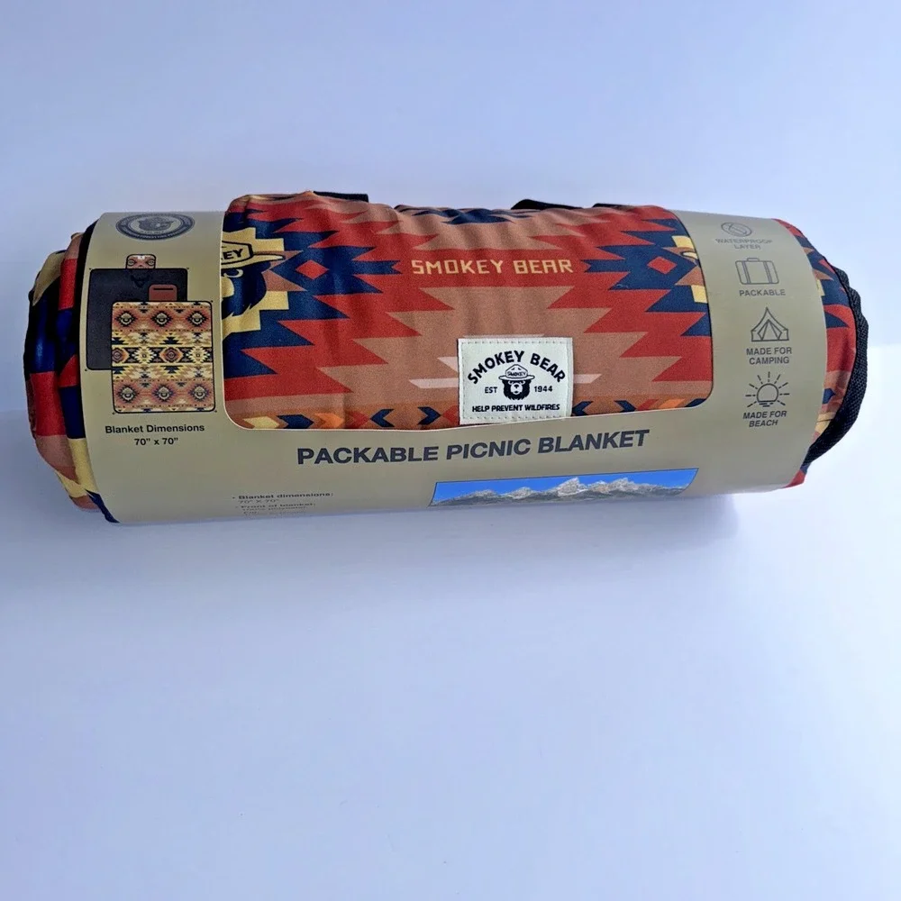 Smokey The Bear Packable Picnic Blanket Southwest 70x70 Roll Up Strap NEW